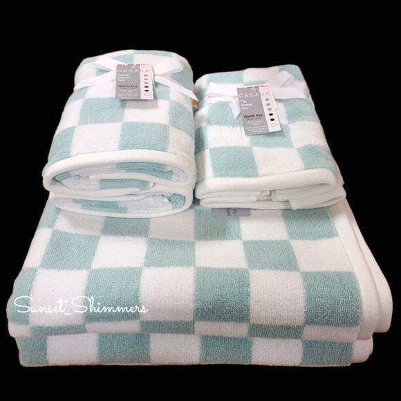 8pc Green & White Check CHECKERED Bath Hand Washcloth Towel Set 100% Cotton New - Picture 1 of 8
